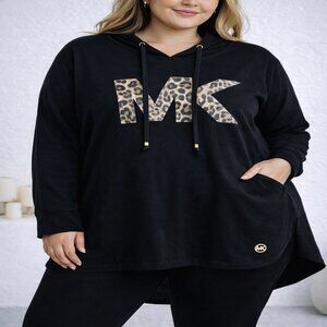 MICHAEL Michael Kors Black Animal Print MK Hoodie Long Sleeve Hi-Low Hem Sz. 2X